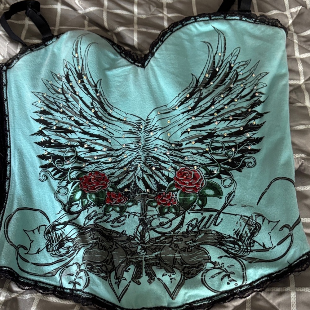 Blue Corset with Wing and Rose Design